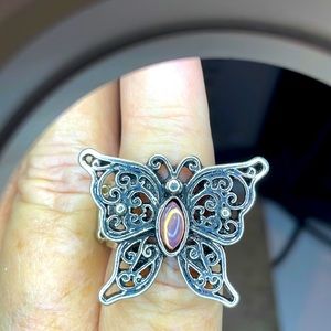 Silver Butterfly Ring with Pink Center